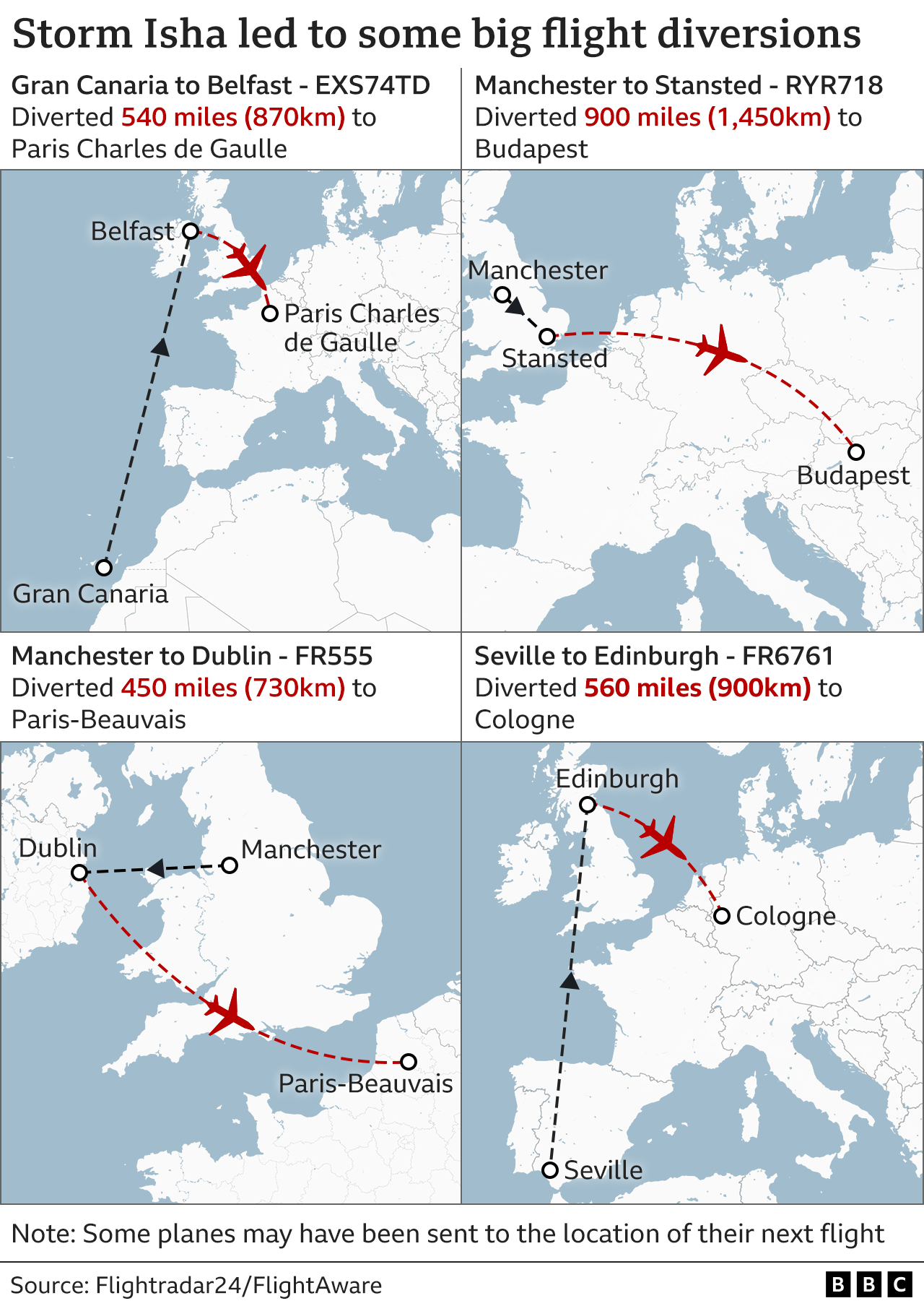 Four maps show the paths of four diverted flights