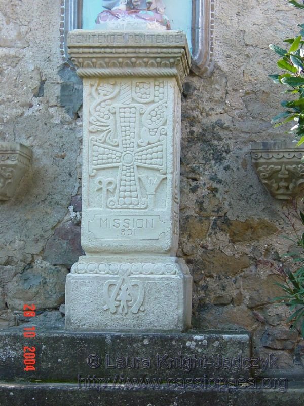 On June 21, he staged a procession through the village with a statue of the Virgin of Lourdes, which he then had installed on the Visigothic pillar in the garden of the church. This pillar is actually a reproduction of the one that was once inside the church.  All kinds of theories abound as to why he carved 