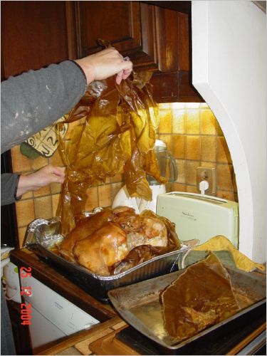 The last big piece of the paper bag that was under the bird slipped right out and Laura lifts it up to let the juices drip back onto the bird.