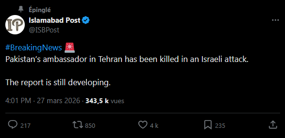 Pakistan's ambassador in Tehran has been killed in an Israeli attack.