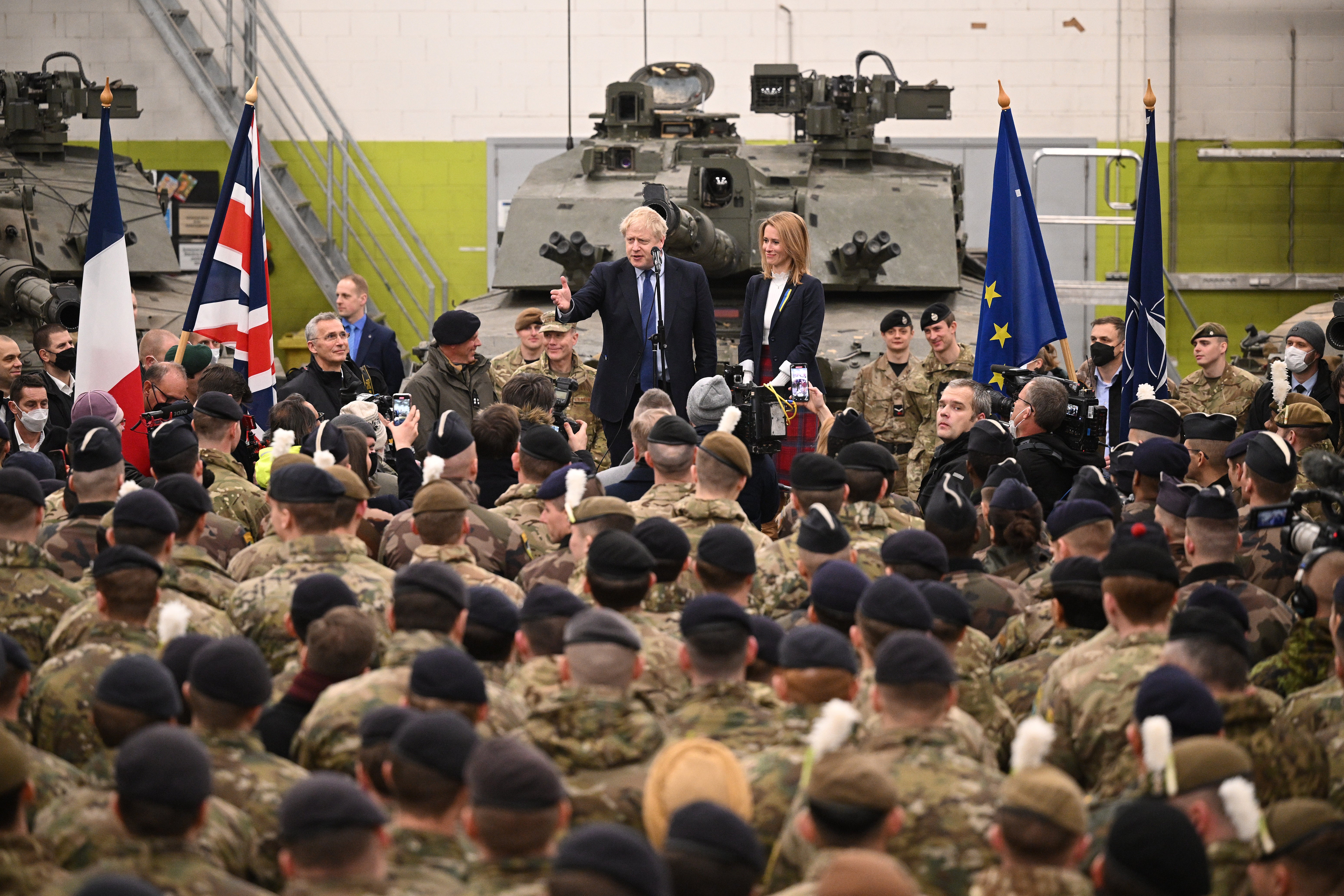 Boris Johnson with Prime Minister of Estonia Kaja Kallas meeting Nato troops after a joint press conference at the Tapa Army Base, Estonia