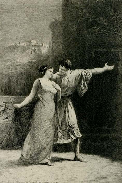 Lysistrata, original etching by Frédéric-Auguste Laguillermie, published in Almanach des spectacles, Paris, Jouaust/Librairie des bibliophiles - Flammarion succ. (Public Domain)