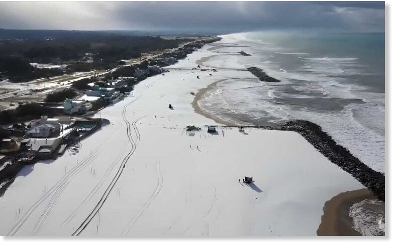Rare snowfall hits Argentina’s beaches.