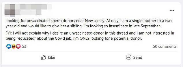 A woman posted in the Sperm Donation USA Facebook group in July 2021 looking for unvaccinated sperm donors. 'AI' refers to artificial insemination, which involves a donor providing his sperm in a cup or shipping it to a recipient