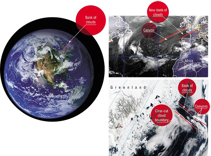 A bank of clouds spread over the North Atlantic: from the Newfoundland Peninsula to the Baltics (on the left). On March 9, 2011, a canyon 3,000 km long formed parallel to this bank length. Another bank of clouds appeared over the Bay of Biscay (to the right). The photos taken from satellite at a geostationary orbit (NASA/GSFC, Rapid Response) and from satellite MultiSat (Naval Research Laboratory, Marine Meteorology Division, Monterey, CA). Bottom: over different parts of a fault on the North Atlantic bottom near the seashore of Greenland, linear anomalies of all known types appeared simultaneously: the bank of clouds turning into a canyon and a clear-cut cloud boundary located to the south finishes with a canyon. Photo NASA/GSFC, Rapid Response, May 18, 2005