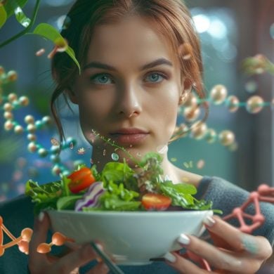 This shows a woman and a salad.