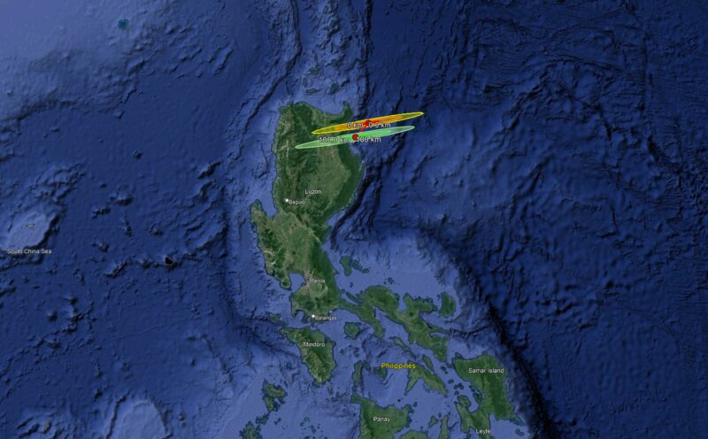 Map of Philippines with stretched out ovals over the northern region showing possible scatter plots of small asteroid.