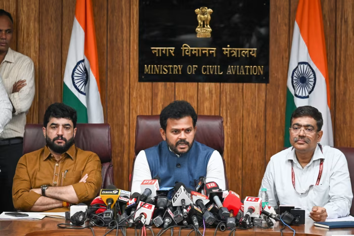 Ram Mohan Naidu Kinjarapu, centre, at a civil aviation ministry news conference with other officials in New Delhi, India on June 14 2025
