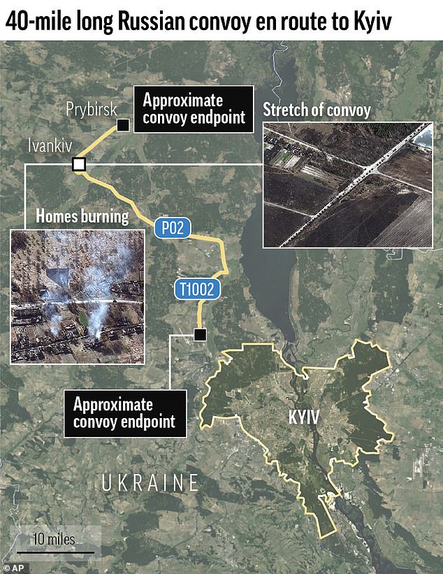 A massive column of Russian troops, estimated at over 40 miles long, is just 20 miles north of Kyiv, and is likely assembling to surround the capital.