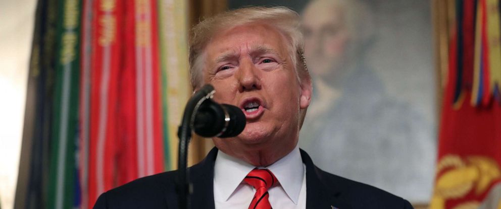 PHOTO: President Donald Trump speaks in the Diplomatic Room of the White House in Washington, Sunday, Oct. 27, 2019.