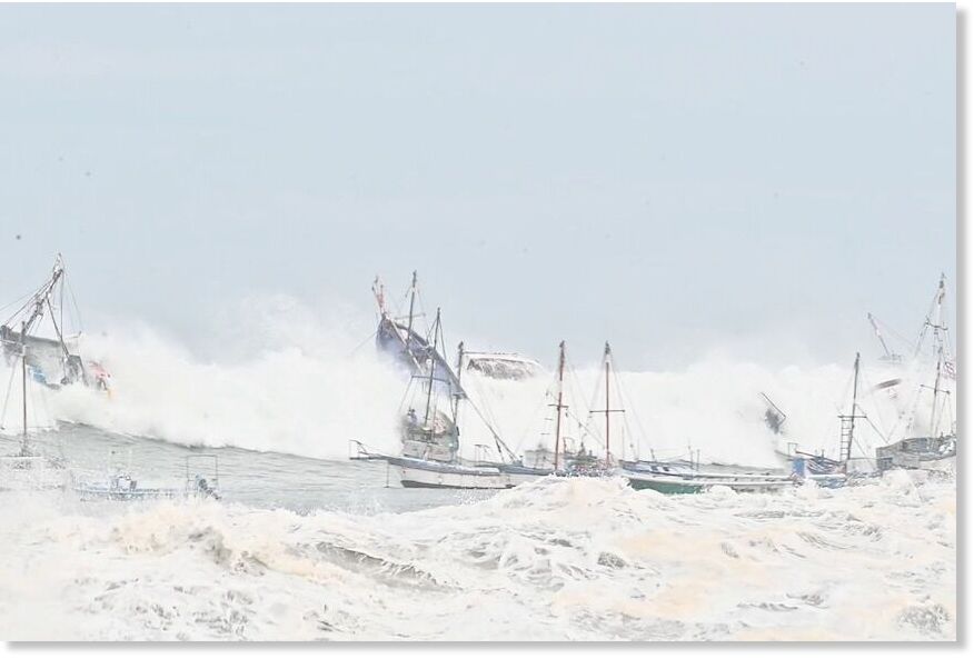 The waves left many fishing boats and crews stranded at sea.