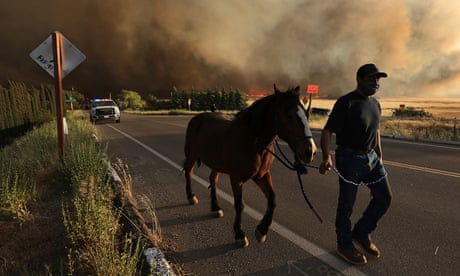 A man with a ball cap and his face mostly covered with a handkerchief walks a horse down a highway road, with the sky behind him filled with smoke.
