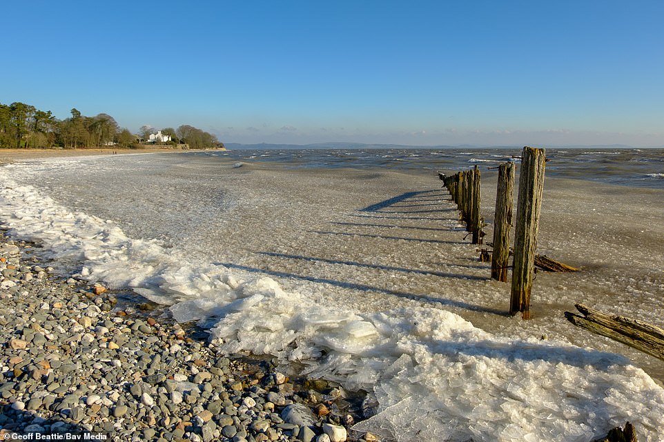 The sea turned to ice at Aldingham beach in South Cumbria on Friday as the temperatures remain below zero
