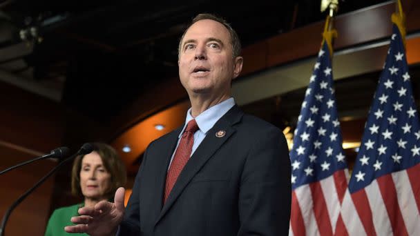 PHOTO: Chairman of the US House Permanent Select Committee on Intelligence, Adam Schiff (R), and Speaker of the House Nancy Pelosi hold a press conference on Capitol Hill in Washington, DC, on October 15, 2019. (Eric Baradat/AFP via Getty Images)