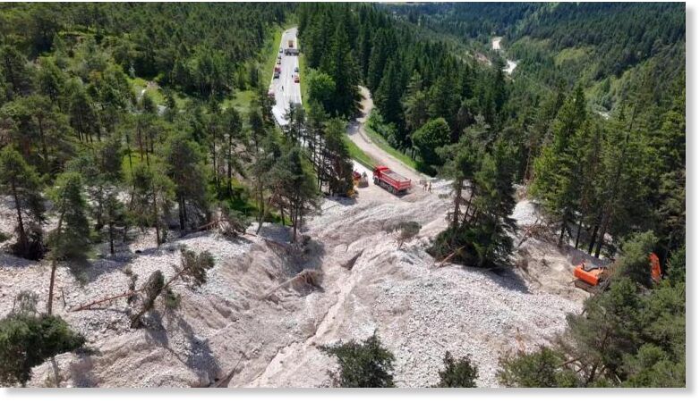 An aerial shot of the extensive landslide in Cortina, Italy.