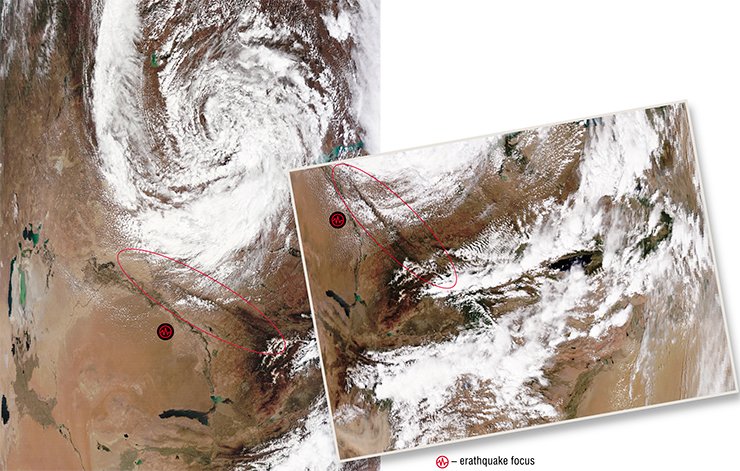 May 31, 2009. Disruption of cumulonimbus clouds in the form of a canyon took place over the Thalasso-Fergana Fault in Kazakhstan. Left – a revolving cloudy spiral is approaching the fault over which a canyon is forming. Right - as the cloudy spiral is approaching the fault, the canyon acquires an increasingly distinct shape. Two weeks later, on June 16, an earthquake with the magnitude of 4.5 took place near the fault. The photos taken from satellite Terra and Aqua (NASA/GSFC, Rapid Response) 