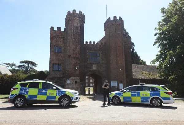 Police presence at the entrance to Lullingstone Castle in Eynsford, Kent, where a man has died after reports of a disturbance in the grounds on Thursday evening. PA Photo. Picture date: Friday May 29, 2020. See PA story POLICE Castle. Photo credit should read: Yui Mok/PA Wire