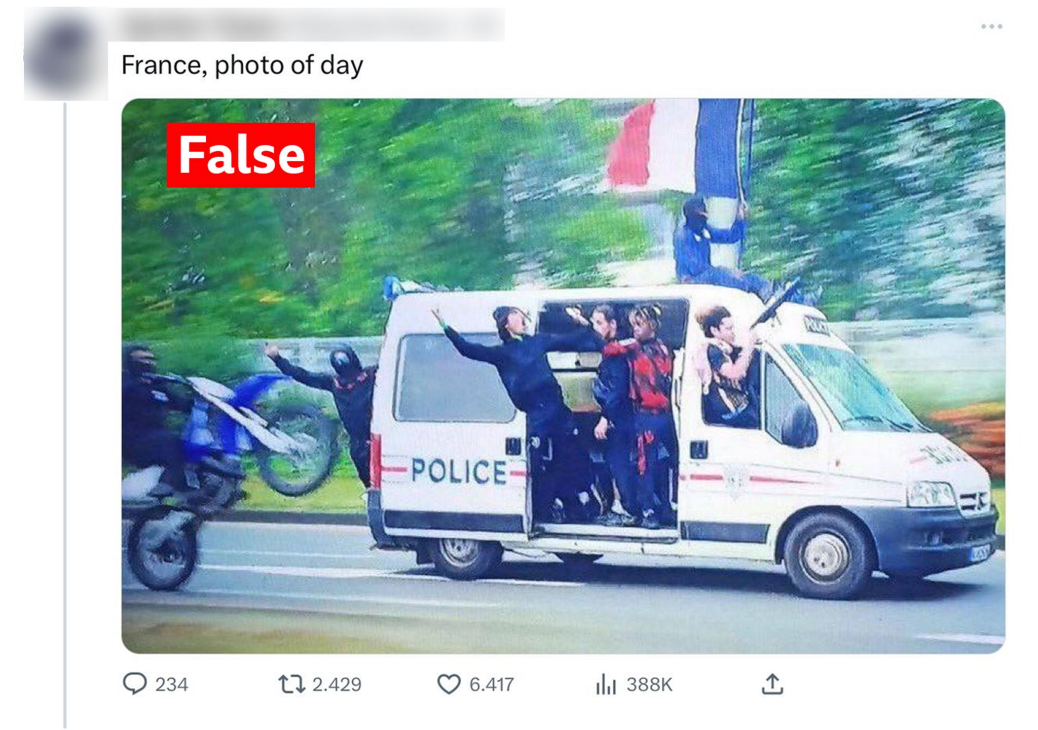 A picture of a police car with rioters taken from a tweet and and labelled False