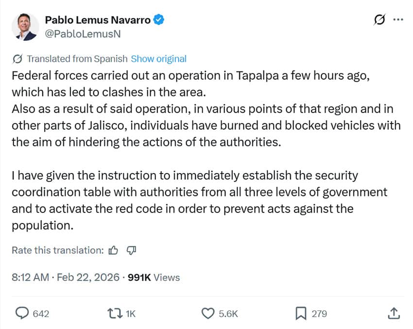 A tweet from Jalisco Governor Pablo Lemus about a police operation in Tapalpa