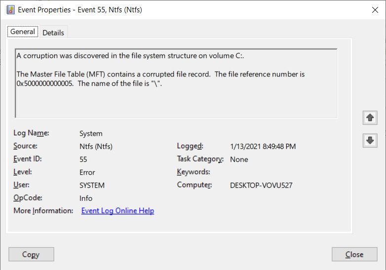 Event Viewer log showing NTFS corruption from command