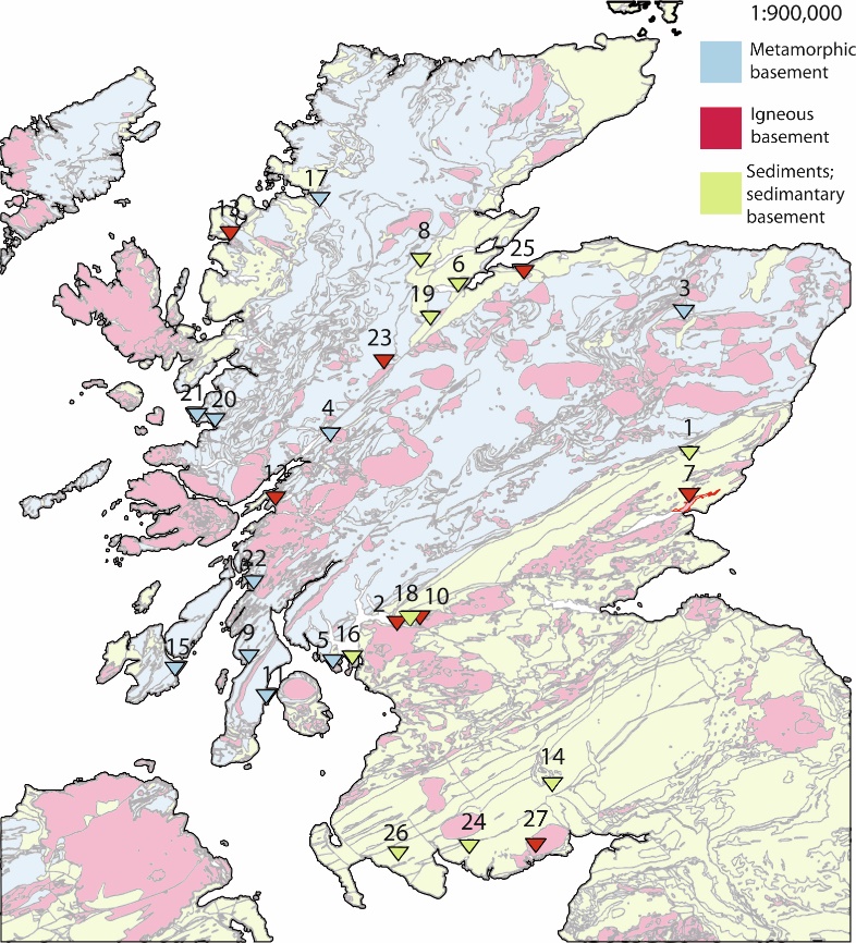 Map of Scotland with simplified basement geology and cover-sediments marked. Vitrified fort positions are numbered such that 1- Finavon, 2- Craig Marloch Wood, 3- Tap O’North, 4- Dun Deardail, 5- Dunagoil, 6- Craig Phaidrig, 7- Laws of Monifieth, 8- Knockfarrell, 9- Dunskeig, 10-Dumbarton Rock, 11- Carradale, 12-Dun MacUisnichan, 13- Art Dun, 14- Mullach, 15- Trudernish Point, 16-Cumbrae, 17- Dun Lagaidh, 18- Sheep Hill, 19-Urquhart Castle, 20- Eilan-nan-Gobhar, 21- Eilan nan Ghoil, 22- Duntroon, 23- Torr Duin, 24- Trusty’s Hill, 25- Doon of May, 26- Castle Finlay, 27- Mote of Mark. (From the British Geological Survey).