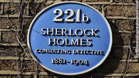 A plaque outside the former home of the fictional character Sherlock Holmes on Baker Street in London.