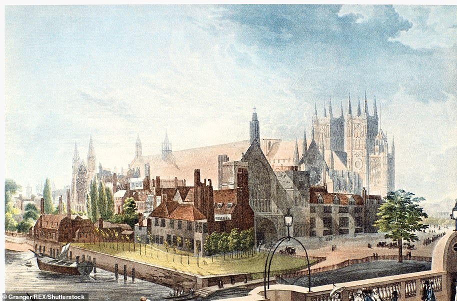 A view Of Westminster Abbey And Adjacent Buildings As They Appeared Prior To The Disastrous Fire Of 1834. The painting was done by Rudolph Ackermann in 1819
