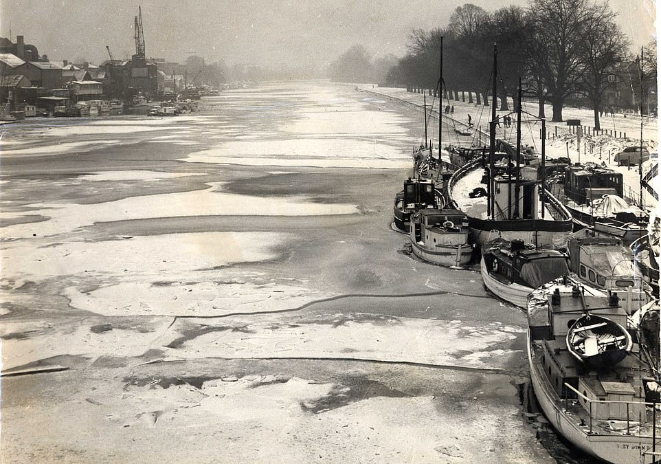 The last time the River Thames froze over was in the 1960s. Photograph shows inches of thick ice in Kingston during the last freeze
