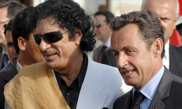 Muammar Gaddafi greeting Nicolas Sarkozy in Tripoli, Libya, in July 2007. One of Mediapart’s investigations has claimed the Libyan leader gave €50m to Sarkozy’s election campaign.