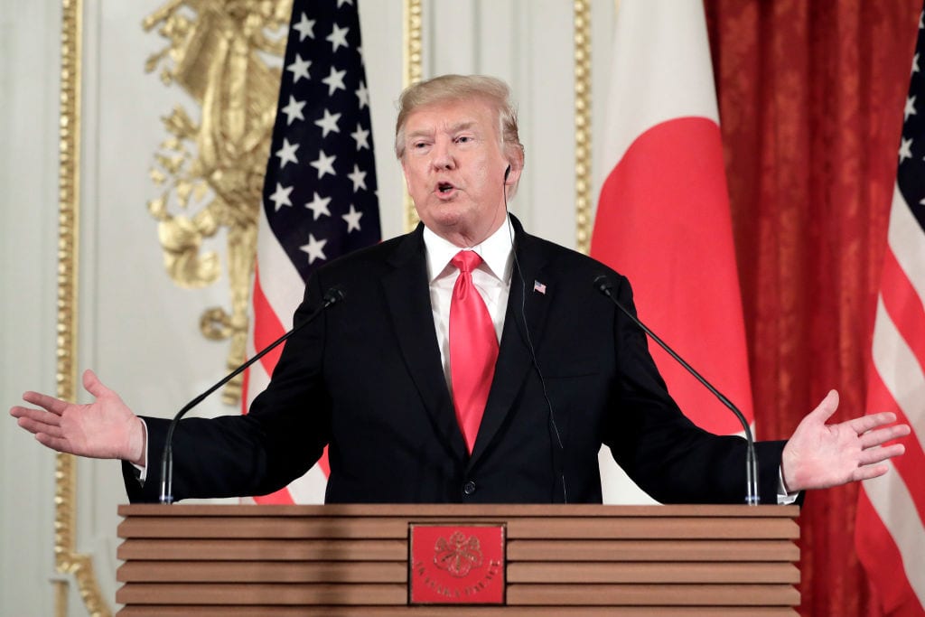 President Donald Trump, gestures as he speaks during a news conference with Shinzo Abe, Japan's prime minister, not pictured, at Akasaka Palace on 27 May 2019 in Tokyo, Japan. [Kiyoshi Ota - Pool/Getty Images]