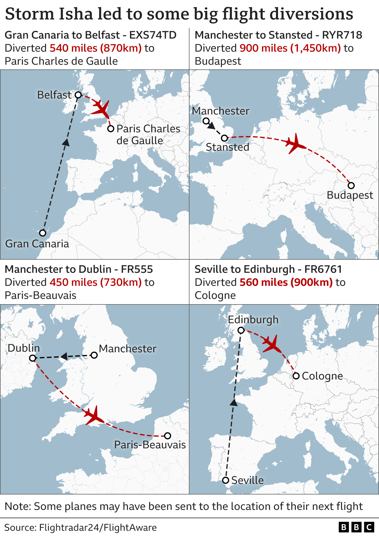 Four maps show the paths of four diverted flights Four maps show the paths of four diverted flights