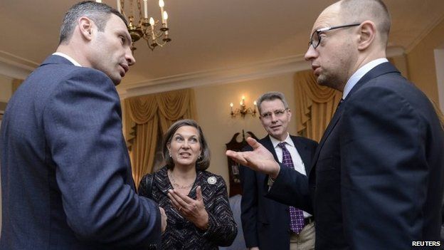 Ukrainian opposition leaders Vitaly Klitschko (L) and Arseny Yatsenyuk (R) meet with U.S. Assistant Secretary of State for European and Eurasian Affairs Victoria Nuland (2nd L) in Kiev February 6, 2014. Ukrainian opposition leaders Vitaly Klitschko (L) and Arseny Yatsenyuk (R) meet with U.S. Assistant Secretary of State for European and Eurasian Affairs Victoria Nuland (2nd L) in Kiev February 6, 2014.