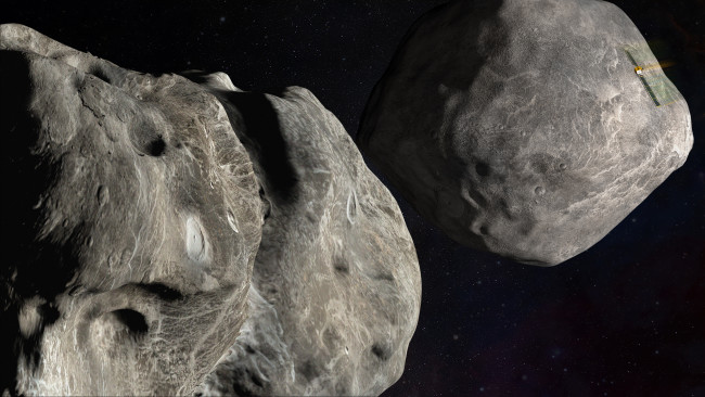 In the fall of 2022, the DART spacecraft will execute a high-speed collision with 160-meter-wide asteroid Dimorphos, seen here orbiting its larger companion, Didymos. (Credit: NASA/Johns Hopkins APL)
