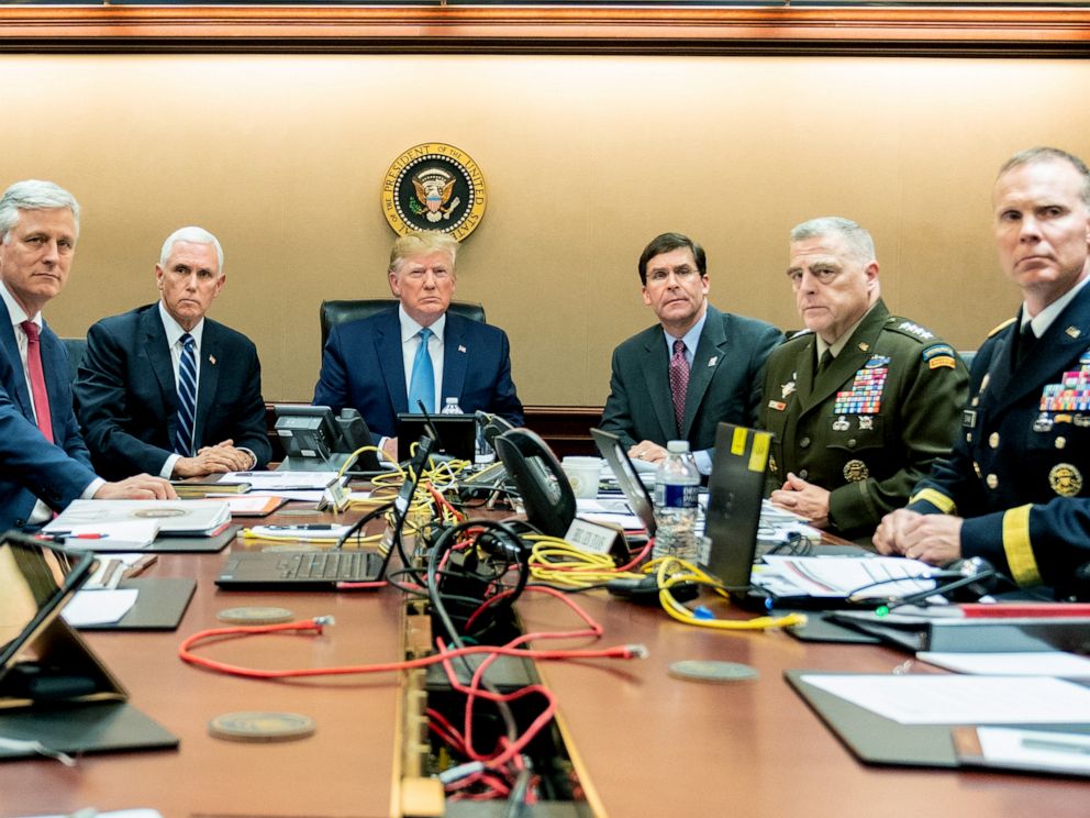 PHOTO: President Donald Trump and government officials monitor developments as special operations forces close in on ISIS leader Abu Bakr al-Baghdadis compound in Syria in the situation room at the White House, Oct. 26, 2019. 