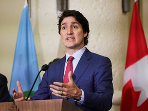 Prime Minister Justin Trudeau speaks during a news conference after his contribution to the CARICOM meeting at Paradise Island, Bahamas, February 16, 2023.