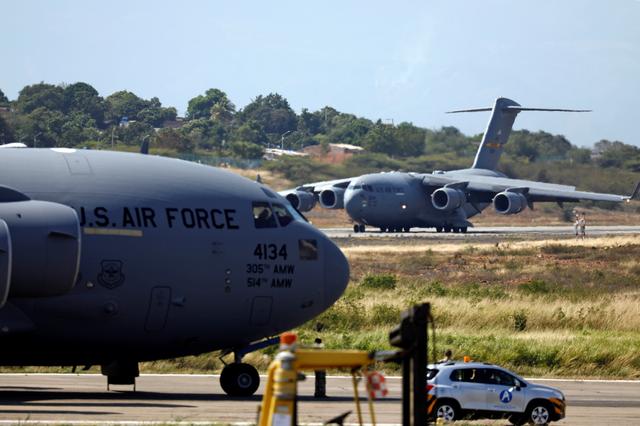 A second U.S. Air Force plane carrying humanitarian aid for Venezuela taxis after landing at Camilo Daza Airport in Cucuta, Colombia February 16, 2019.  REUTERS/Edgard Garrido