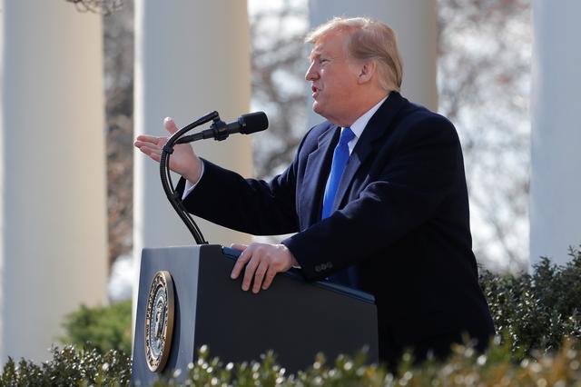FILE PHOTO: U.S. President Donald Trump declares a national emergency at the U.S.-Mexico border while speaking about border security in the Rose Garden of the White House in Washington, U.S., February 15, 2019. REUTERS/Jim Young