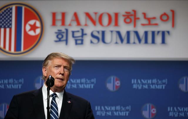 U.S. President Donald Trump holds a news conference after his summit with North Korean leader Kim Jong Un at the JW Marriott hotel in Hanoi, Vietnam, February 28, 2019. REUTERS/Leah Millis