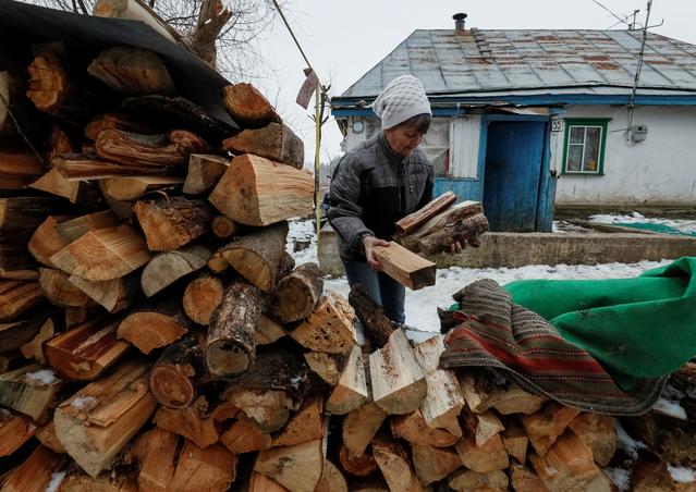 Pensioner Nadiya Ignatiy, 60, carries firewood near her house in the village of Skryhalivka, Kiev region, Ukraine February 11, 2019.   REUTERS/Gleb Garanich