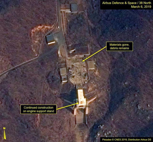 A satellite image of North Korea's Sohae Satellite Launching Station (Tongchang-ri) which Washington-based Stimson Center's 38 North says, "Rebuilding continues at the engine test stand" is seen in this image released from Washington, DC, U.S., March 7, 2019.   Courtesy Airbus Defence & Space and 38 North, Pleiades © CNES 2019, Distribution Airbus DS/Handout via REUTERS   