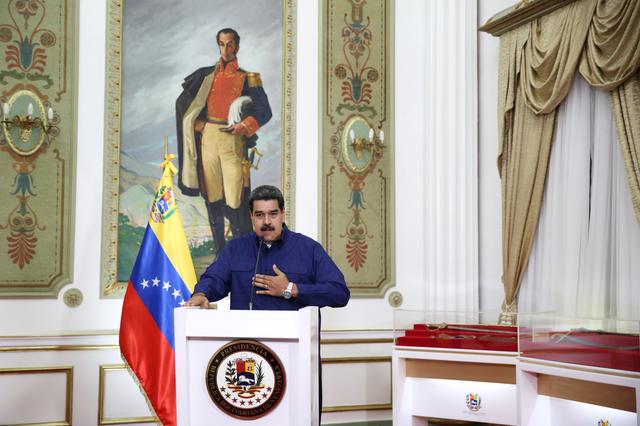 Venezuela's President Nicolas Maduro speaks during a broadcast at Miraflores Palace in Caracas, Venezuela March 11, 2019. Miraflores Palace/Handout via REUTERS 