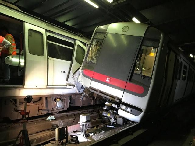 Mass Transit Railway (MTR) trains collide near Central station during signal system trial in Hong Kong, China March 18, 2019. MTR Corp/Handout via REUTERS ATTENTION EDITORS - THIS IMAGE WAS PROVIDED BY A THIRD PARTY. NO RESALES. NO ARCHIVES