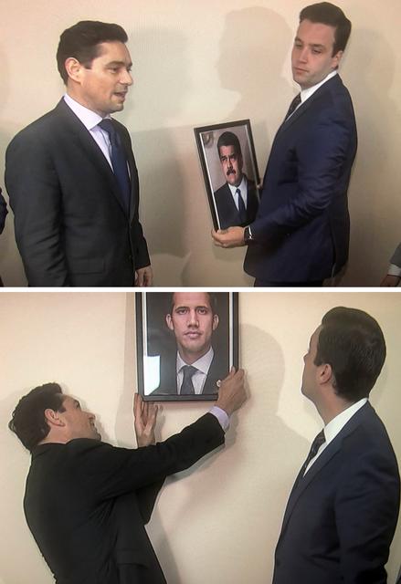 A combination of two photos shows Carlos Vecchio (L), the envoy to the United States of Venezuelan opposition leader Juan Guaido, and an aide take down a picture of Venezuela's President Nicolas Maduro (top photo) and replace it with a picture of Guaido (bottom photo) in these frame grabs from video after supporters of Guaido took control of the office of Venezuela's military attache in Washington, U.S. March 18, 2019.   REUTERS/Gershon Peaks