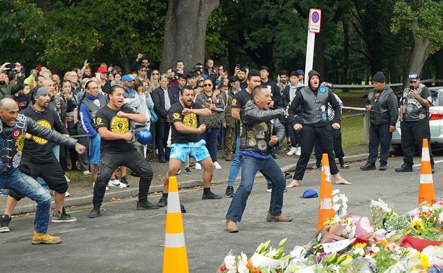 FILE PHOTO: Members of a New Zealand biker gang perform the Haka to honour the victims of the mosque shootings in Christchurch, New Zealand, March 17, 2019. REUTERS/Joseph Campbell/File Photo