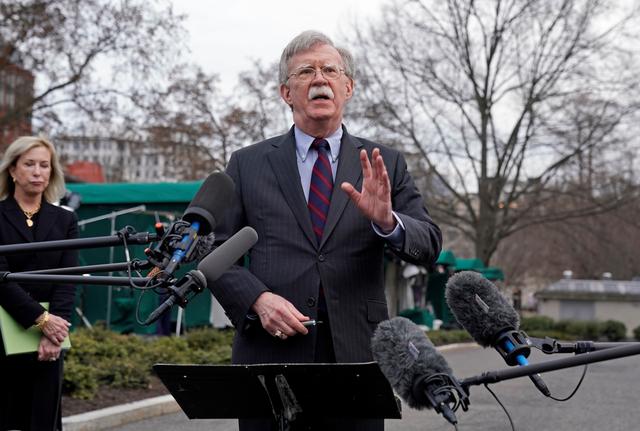 FILE PHOTO: U.S. President Donald Trump's national security adviser John Bolton speaks to reporters at the White House in Washington, U.S., March 15, 2019. REUTERS/Kevin Lamarque