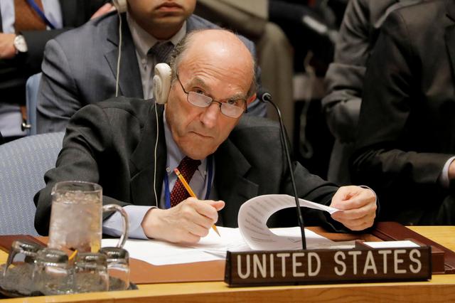 FILE PHOTO: United States diplomat Elliott Abrams takes notes during a meeting of the U.N. Security Council called to vote on a U.S. draft resolution calling for free and fair presidential elections in Venezuela at U.N. headquarters in New York, U.S., February 28, 2019. REUTERS/Lucas Jackson/File Photo