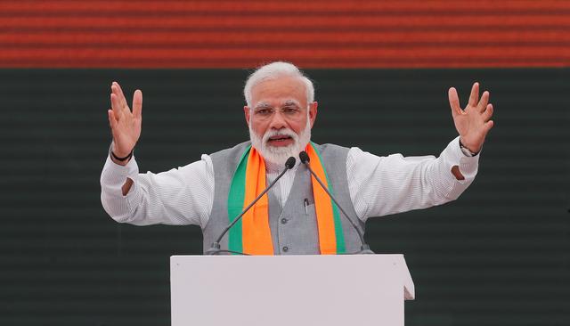 Indian Prime Minister Narendra Modi gestures as he speaks after releasing India's ruling Bharatiya Janata Party (BJP)'s election manifesto for the April/May general election, in New Delhi, India, April 8, 2019. REUTERS/Adnan Abidi
