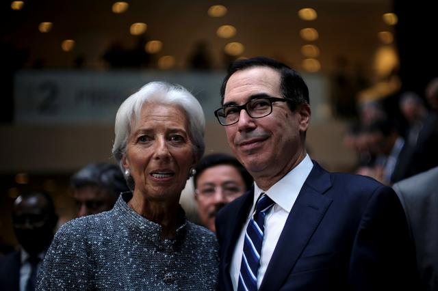 IMF Managing Director Christine Lagarde and U.S. Treasury Secretary Steven Mnuchin attend the IMF and World Bank's 2019 Annual Spring Meetings, in Washington, April 13, 2019. REUTERS/James Lawler Duggan