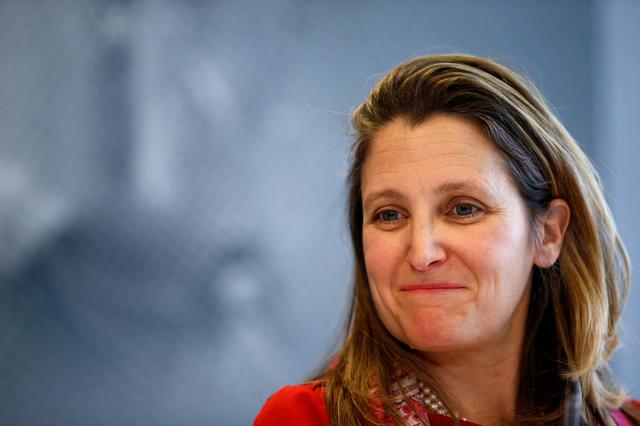 FILE PHOTO: Canada's Foreign Minister Chrystia Freeland attends a news conference on media freedom as part of the G7 Foreign Ministers' meeting in Dinard, France, April 5, 2019. REUTERS/Stephane Mahe/File Photo