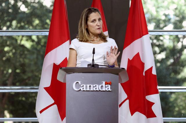 FILE PHOTO: Canadian Foreign Minister Chrystia Freeland takes part in a news conference at the Embassy of Canada in Washington, U.S., August 31, 2018. REUTERS/Chris Wattie/File Photo